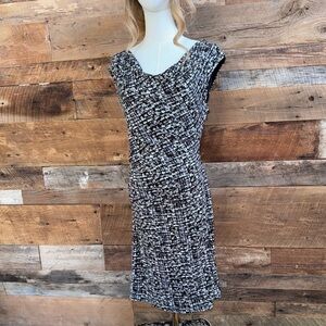 Vince Camuto Black White Abstract Cowl Neck Ruched Sheath Dress Sz 12 w/Side Zip